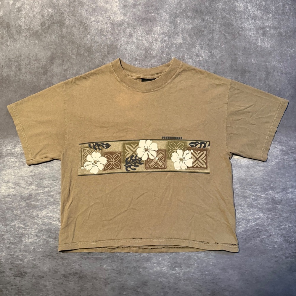 Vintage Y2K‎ Hawaiian Performance Surfwear Cropped Tee Tan Earth Tone M Floral